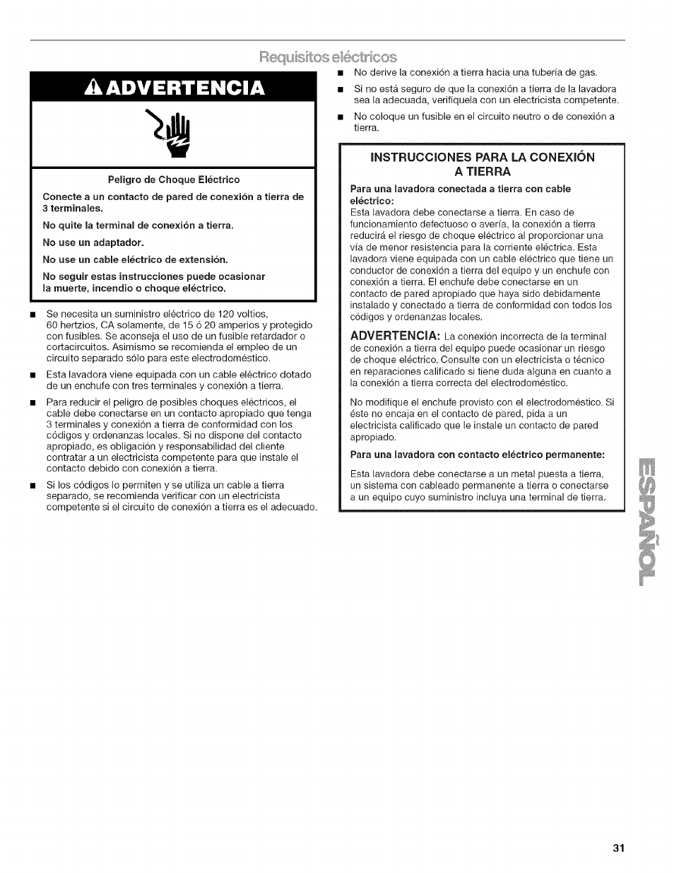 Reqyisftos eléctricos, Peligro de choque eléctrico, No use un cable eléctrico de extensión | Requisitos eléctricos, Aadvertencia | Kenmore HE3 4785 User Manual | Page 31 / 76