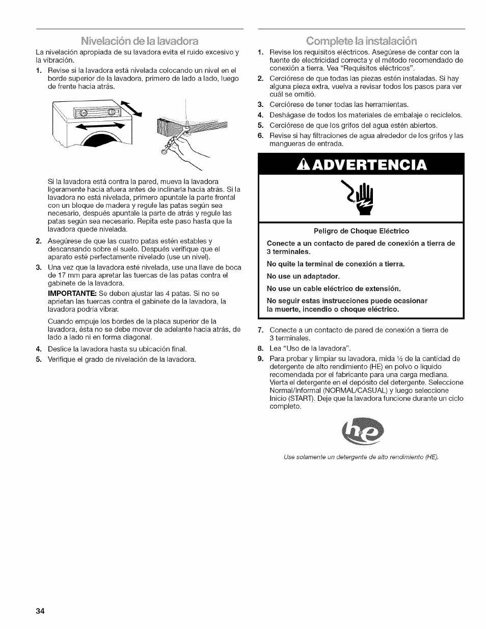 Niweiadóri de la lawadora, Complete la instalación, Advertencia | Kenmore HE3 4785 User Manual | Page 34 / 76