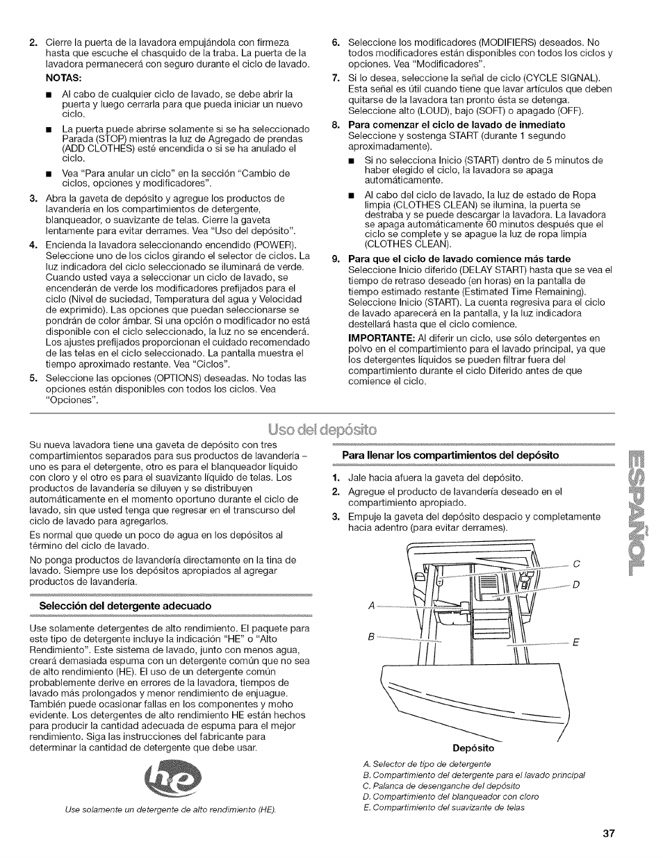 Ij: s;fto, Selección del detergente adecuado, Uso del detergente adecuado | Kenmore HE3 4785 User Manual | Page 37 / 76