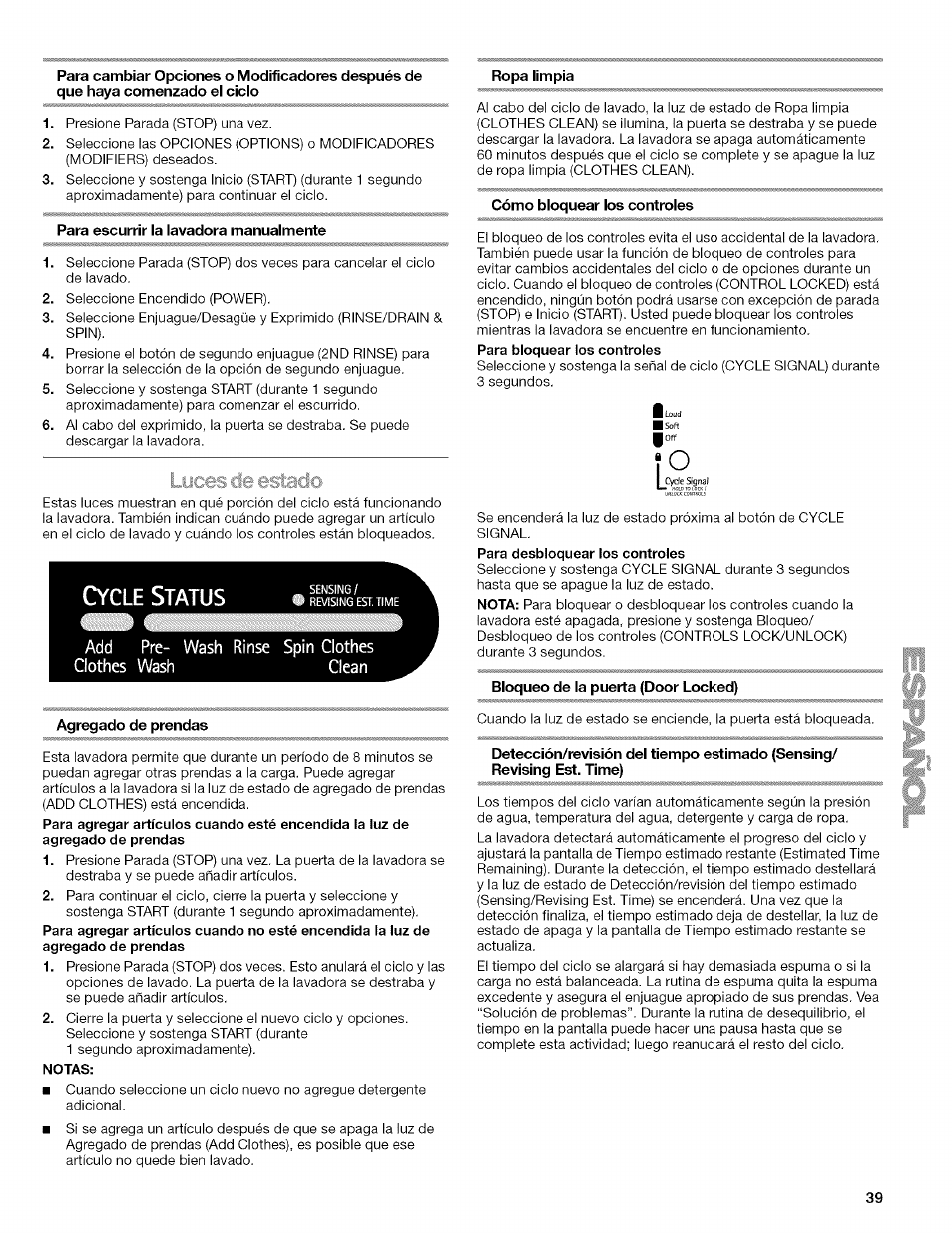 Ropa limpia, Para escurrir la lavadora manualmente, Agregado de prendas | Notas, Cómo bloquear los controles, Bloqueo de la puerta (door locked), Lyces.de estado | Kenmore HE3 4785 User Manual | Page 39 / 76