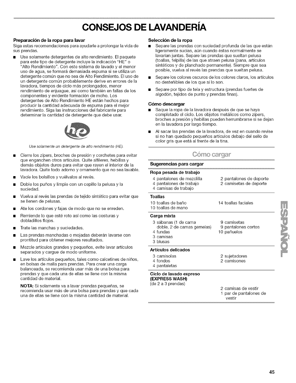 Consejos de lavanderia, Selección de la ropa, Cómo descargar | Consejos de lavandería, Cómo cargar | Kenmore HE3 4785 User Manual | Page 45 / 76