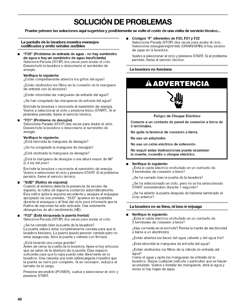 Solucion de problemas, La lavadora no funciona, Verifique lo siguiente | La lavadora no se llena, ni lava ni enjuaga, Solución de problemas, Advertencia | Kenmore HE3 4785 User Manual | Page 48 / 76