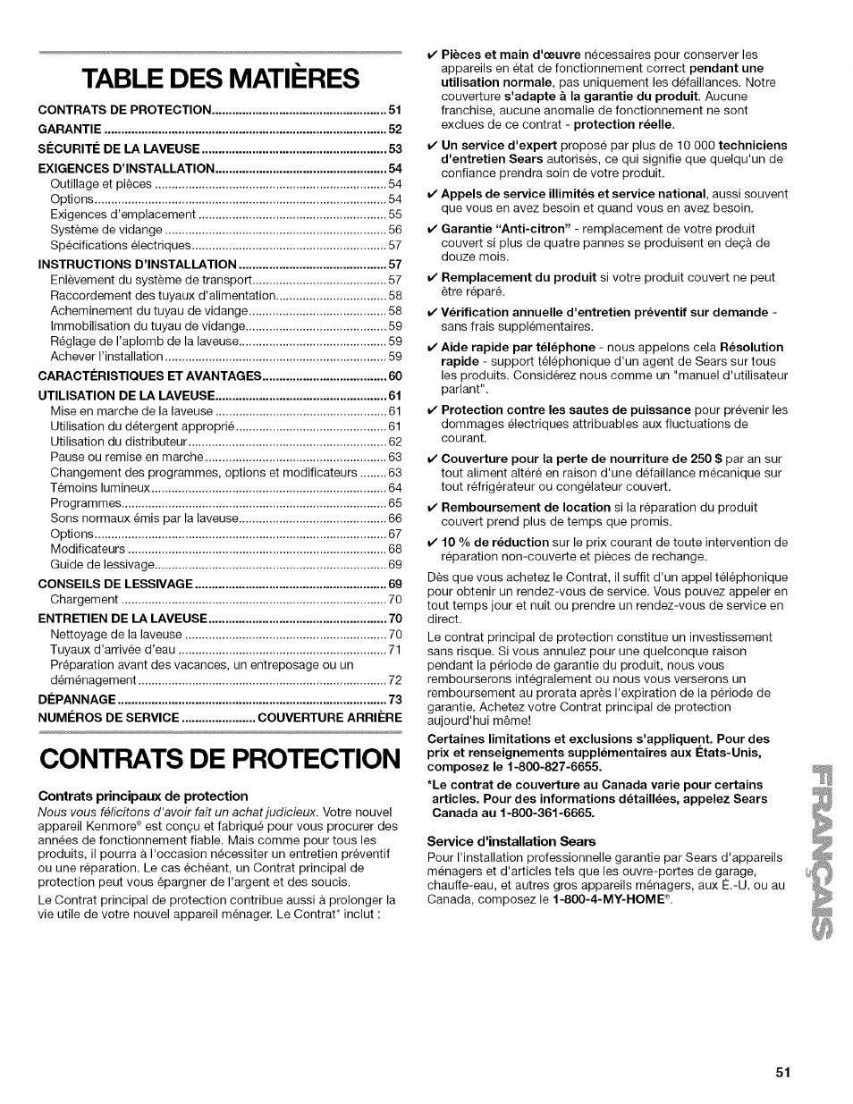 Table des matieres, Contrats de protection | Kenmore HE3 4785 User Manual | Page 51 / 76