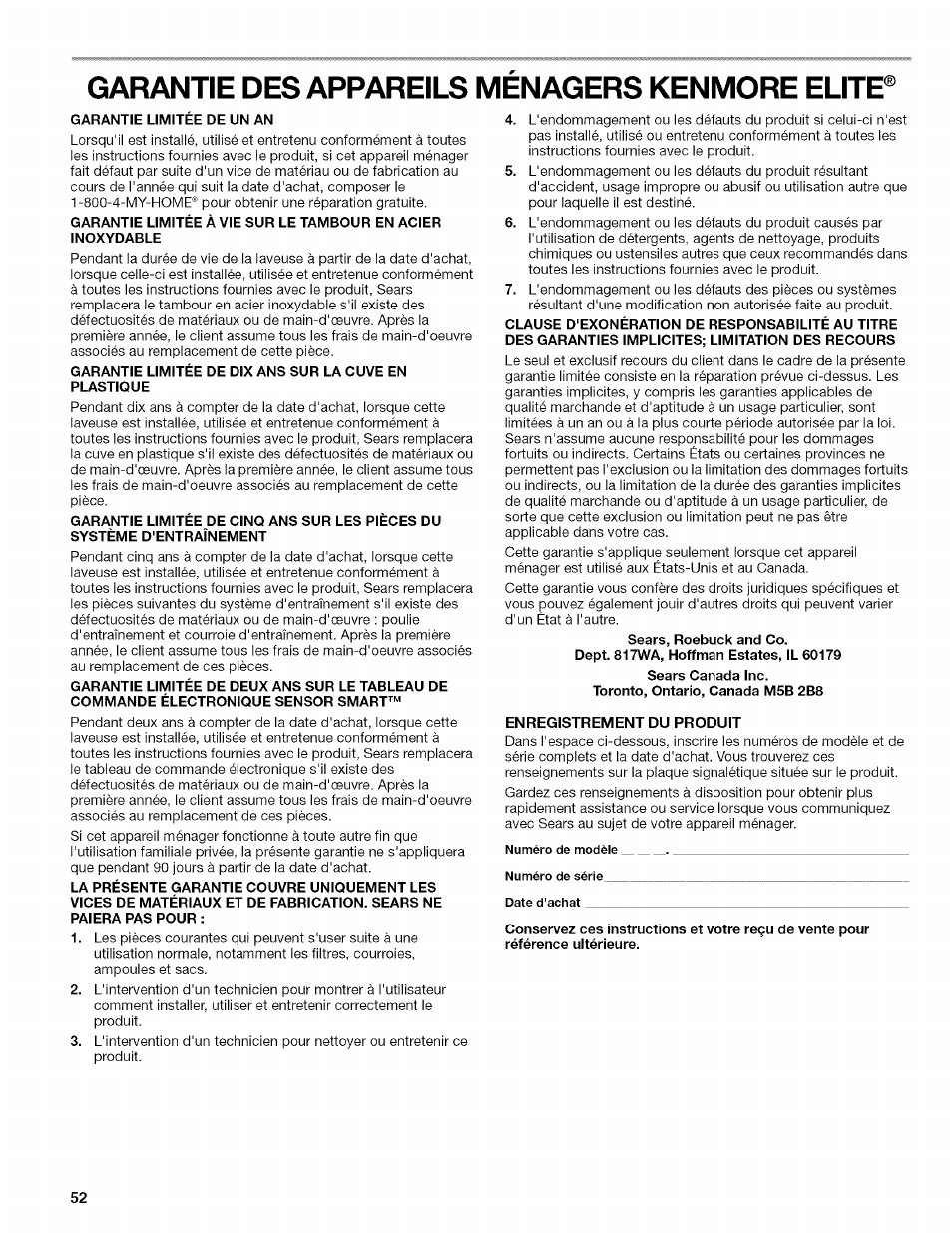 Garantie des appareils menagers kenmore elite, Garantie limitee de un an, Enregistrement du produit | Kenmore HE3 4785 User Manual | Page 52 / 76