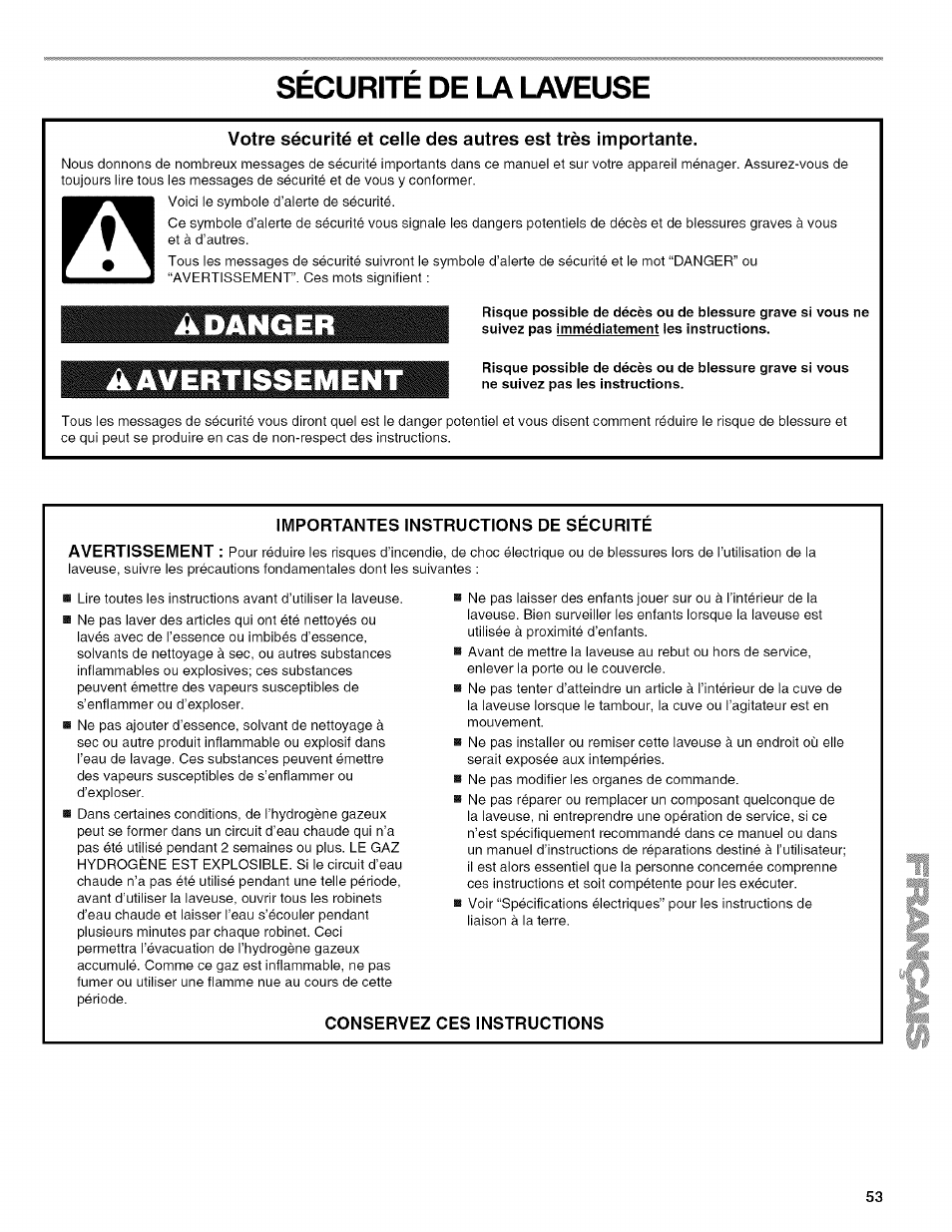 Securite de la laveuse, Sécurité de la laveuse, Adanger aavertissement | Kenmore HE3 4785 User Manual | Page 53 / 76