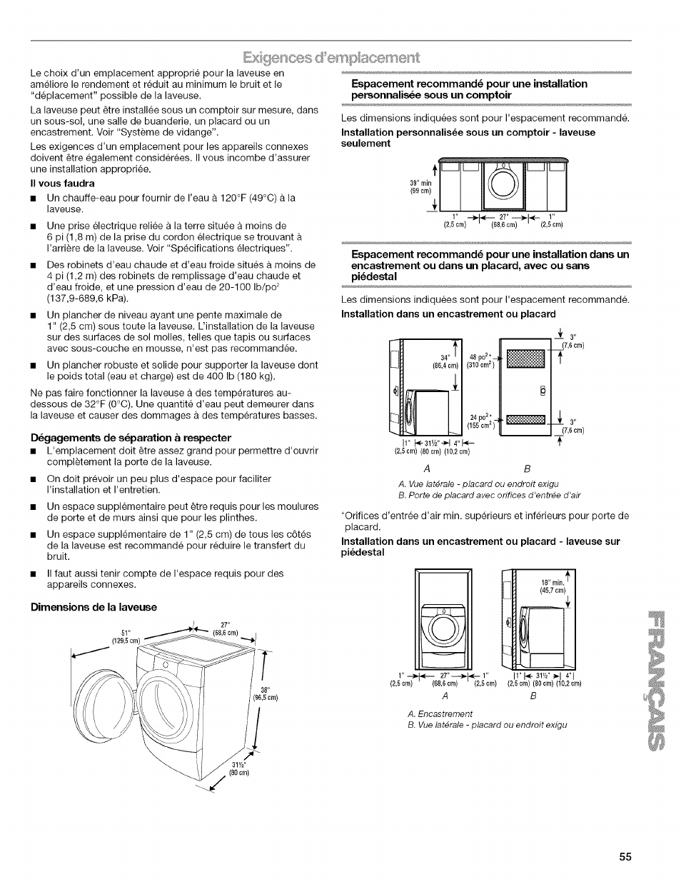 Dégagements de séparation à respecter, Dimensions de la laveuse | Kenmore HE3 4785 User Manual | Page 55 / 76