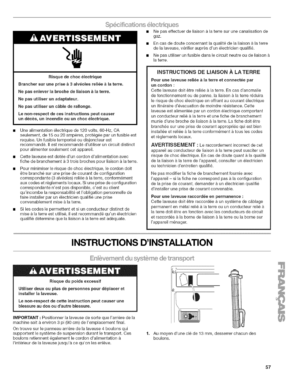 Spéclcaions électricpjes, Risque de choc électrique, Instructions d’installation | Eriièwernerit du systèr nsport, Risque du poids excessif, Spécifications électriques, Â avertissement, A avertissement | Kenmore HE3 4785 User Manual | Page 57 / 76