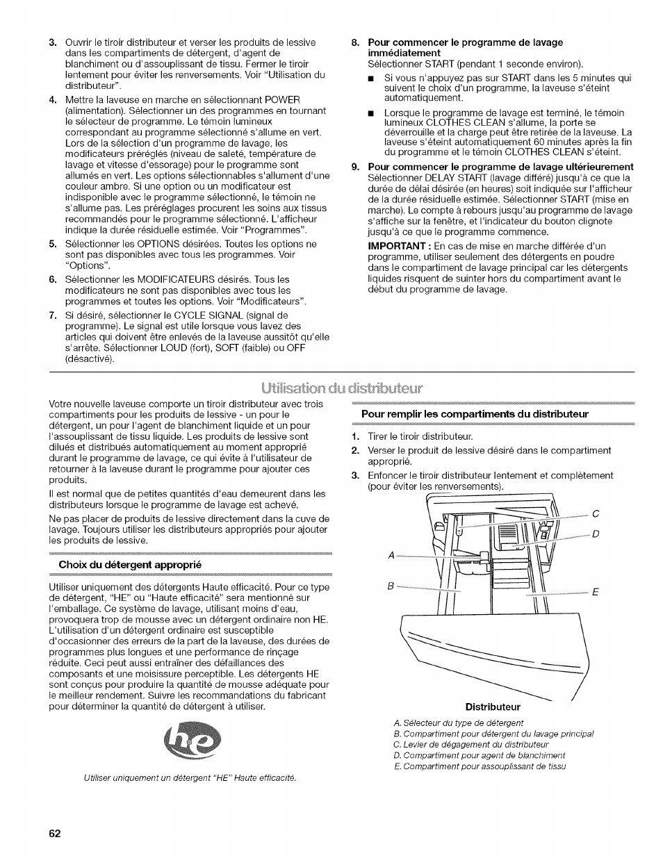 Utisaion dy ciistrii3yteyr, Choix du détergent approprié, Pour remplir les compartiments du distributeur | Kenmore HE3 4785 User Manual | Page 62 / 76