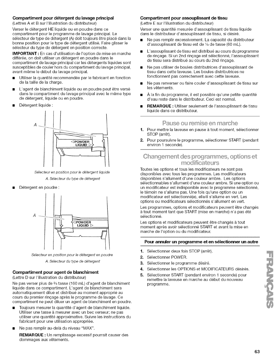 Compartiment pour détergent du lavage principal, Compartiment pour agent de blanchiment, Compartiment pour assouplissant de tissu | Payse oy remise en marche, Pause ou remise en marche | Kenmore HE3 4785 User Manual | Page 63 / 76