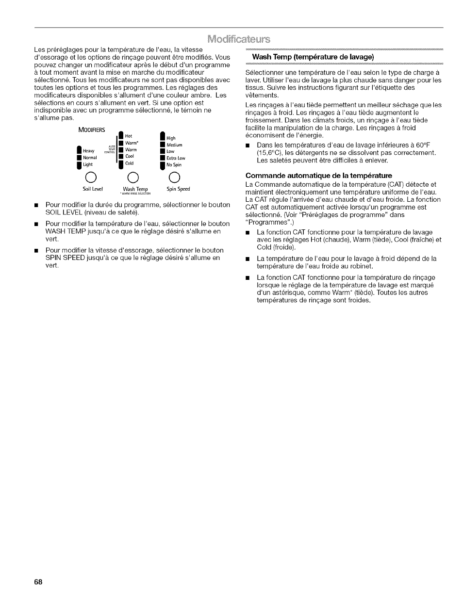 Wash temp (température de lavage), Commande automatique de la température | Kenmore HE3 4785 User Manual | Page 68 / 76