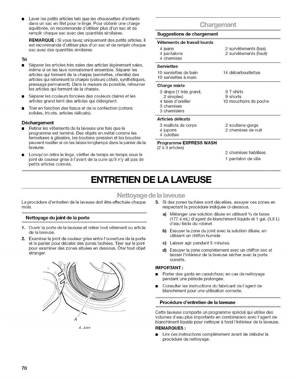 Déchargement, Entretien de la laveuse, Nettoyage de la laeeose | Nettoyage du joint de la porte, Important, Procédure d'entretien de la laveuse, Chargement, Nettoyage de la laveuse | Kenmore HE3 4785 User Manual | Page 70 / 76