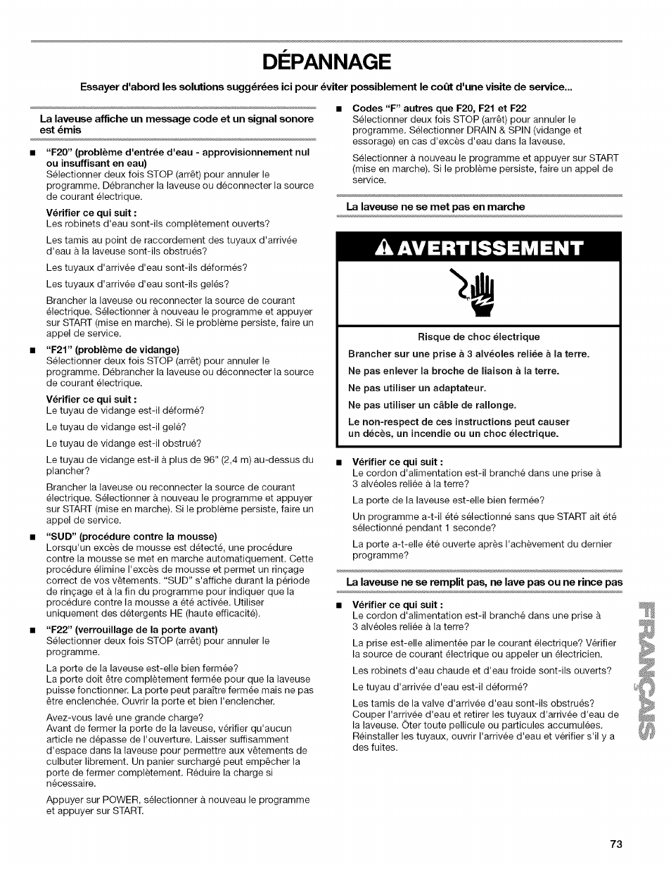 Depannage, La laveuse ne se met pas en marche, Vérifier ce qui suit | Dépannage, A avertissement | Kenmore HE3 4785 User Manual | Page 73 / 76