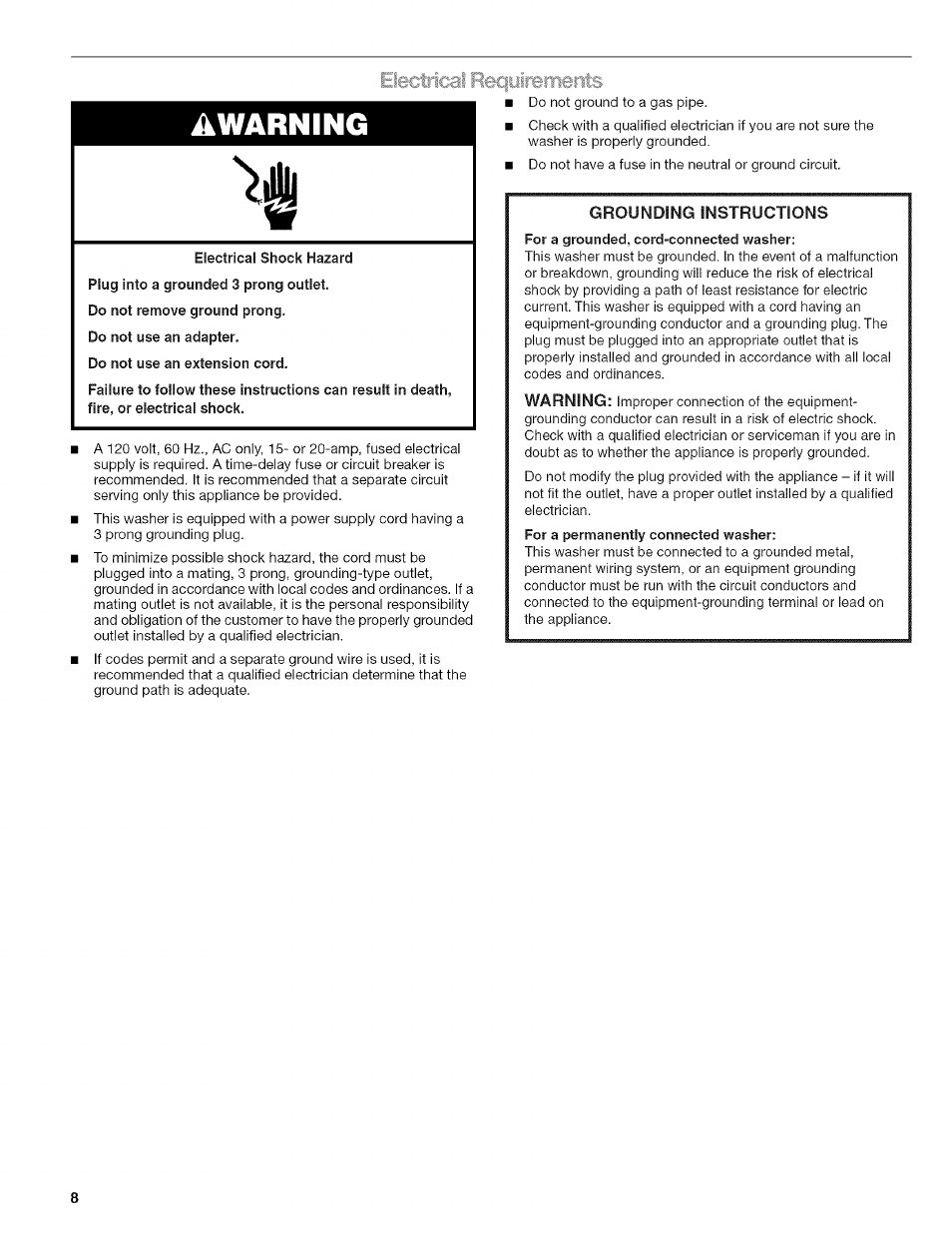 Electrical recplrements, Do not use an extension cord, Electrical requirements | A warning | Kenmore HE3 4785 User Manual | Page 8 / 76