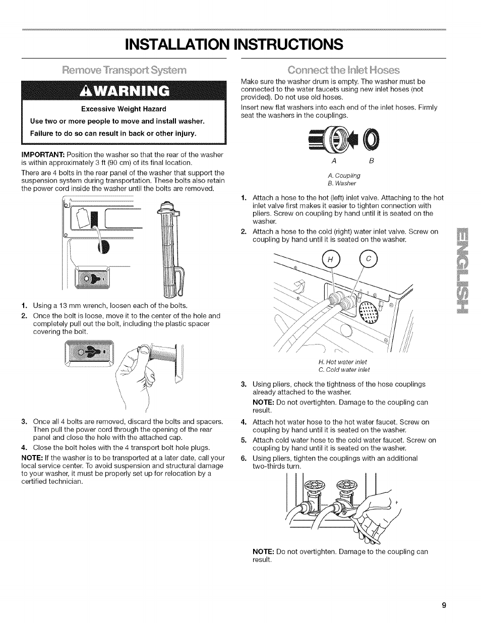 Installation instructions, Flerno¥ isp stem, Excessive weight hazard | Connect the inlet hoses, Warning | Kenmore HE3 4785 User Manual | Page 9 / 76