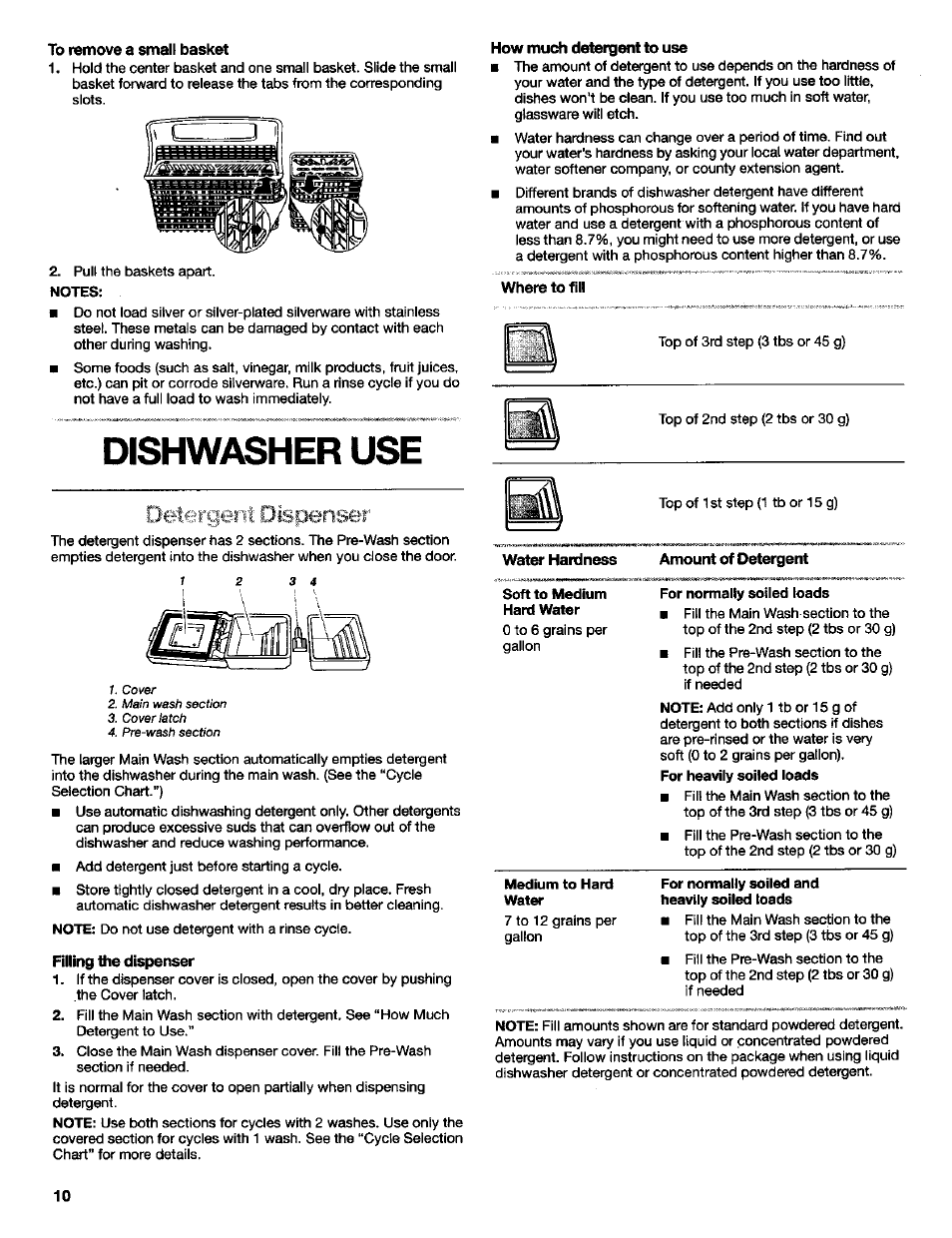 Dishwasher use, Det€:i?rgerit dispenser | Kenmore Ultra Wash 3384413A User Manual | Page 10 / 18