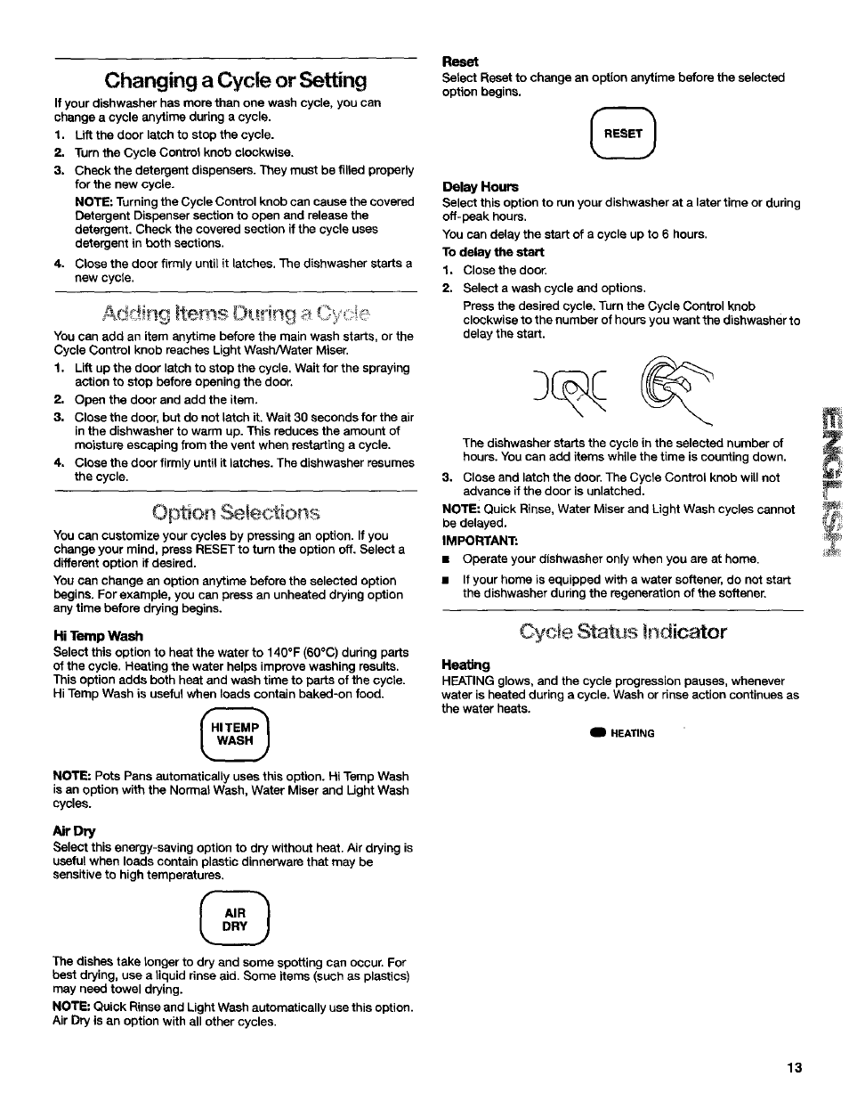 Changing a cycle or setting, Acfcling items during a cycle, Option selections | Cycle status, Indicator | Kenmore Ultra Wash 3384413A User Manual | Page 13 / 18