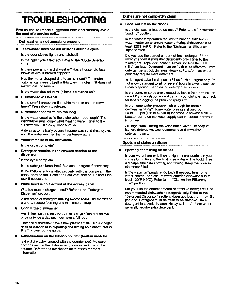 Troubleshcx)ting | Kenmore Ultra Wash 3384413A User Manual | Page 16 / 18