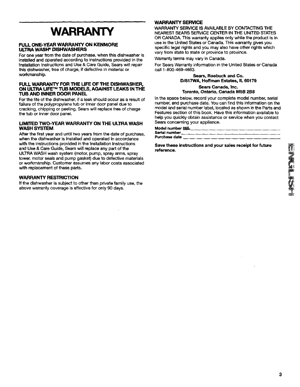 Warranty | Kenmore Ultra Wash 3384413A User Manual | Page 3 / 18