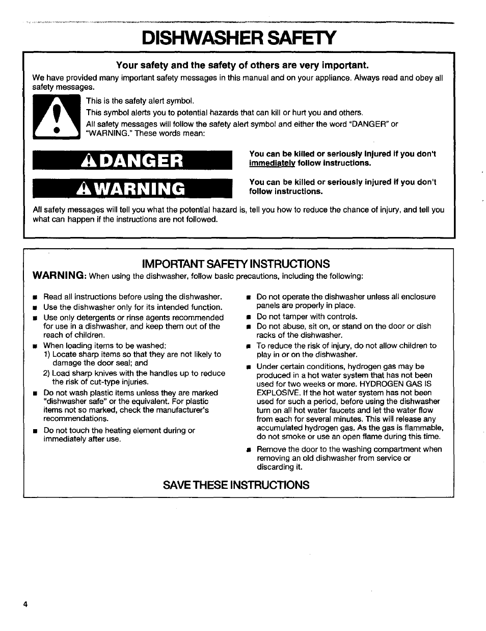 Dishwasher safety, Danger, Important safety instructions | Save these instructions, Warning | Kenmore Ultra Wash 3384413A User Manual | Page 4 / 18