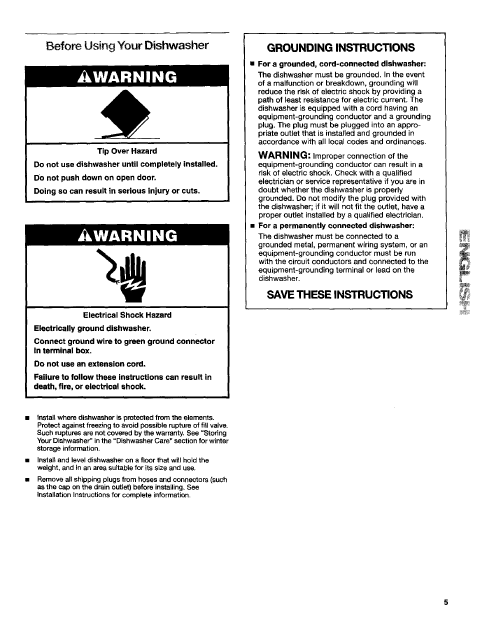 Before using your dishwasher, Warning, Using | Before, Your dishwasher, Grounding instructions, Save these instructions | Kenmore Ultra Wash 3384413A User Manual | Page 5 / 18