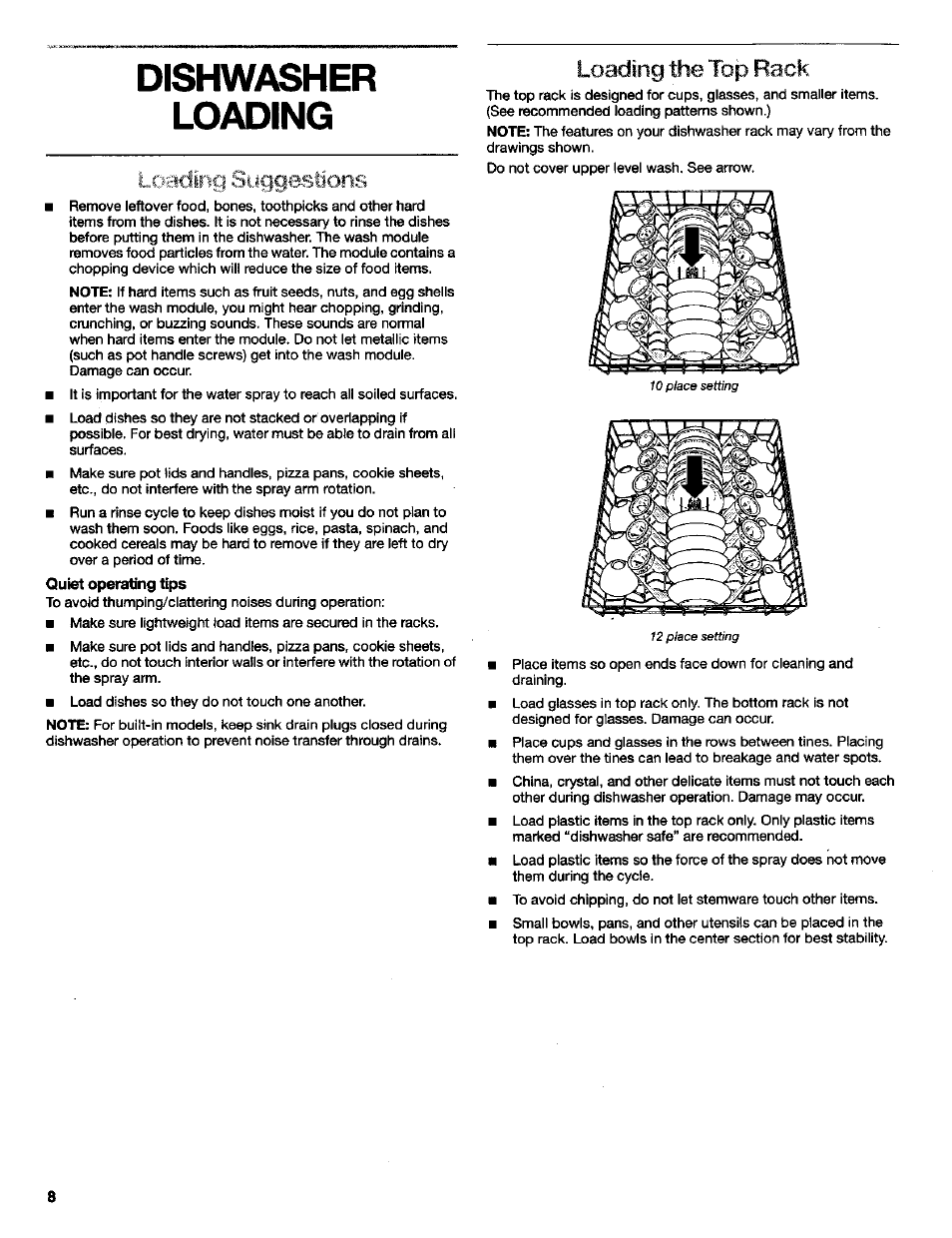 Dishwasher, Loading, Loading the top rack | Dishwasher loading, Loading siiggestjons | Kenmore Ultra Wash 3384413A User Manual | Page 8 / 18