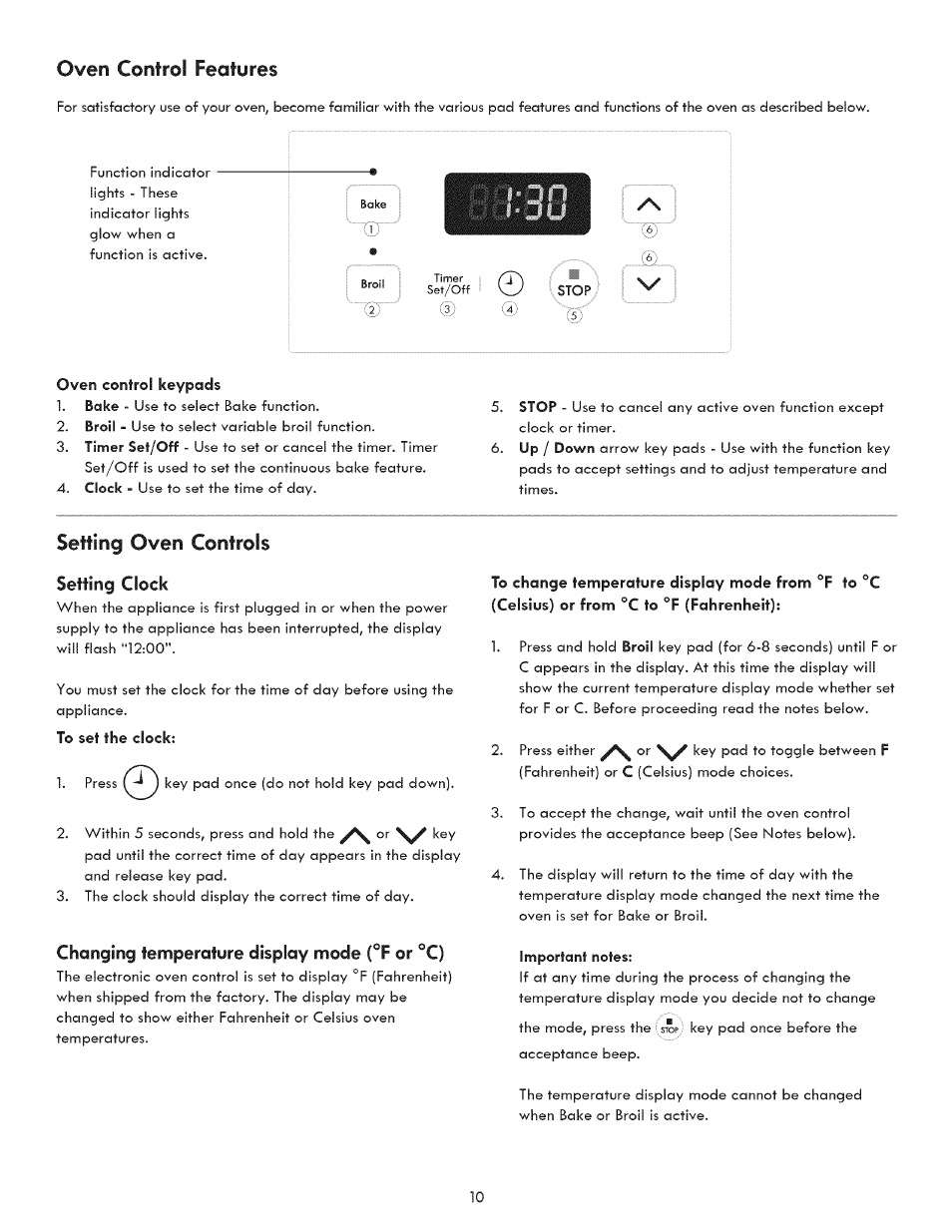 Oven control features, Oven control keypads, Setting clock | To set the clock, Changing temperature display mode (°f or ®c), Setting oven controls | Kenmore 790.7050 User Manual | Page 10 / 22