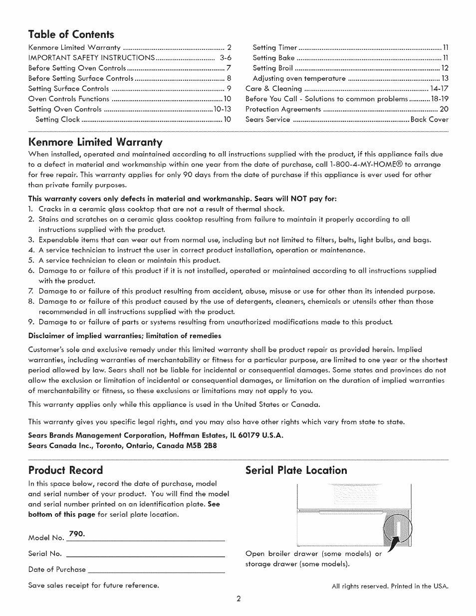 Table ©f contents, Kenmore limited warranty, Product record | Serial plate location | Kenmore 790.7050 User Manual | Page 2 / 22