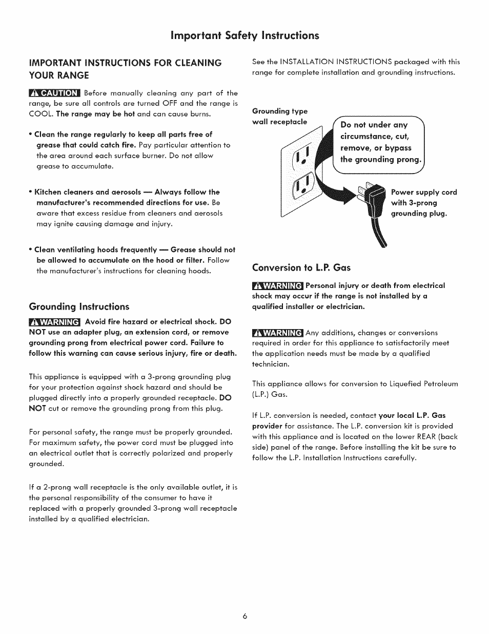 Ii caution, Grounding instructions, Conversion to l.p. gas | A warning, Ik warning, Your range | Kenmore 790.7050 User Manual | Page 6 / 22