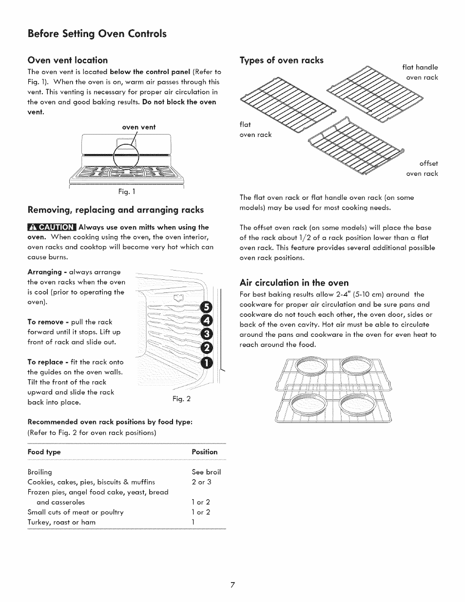 Oven vent location, Types of oven racks, Removing, replacing and arranging racks | Air circulation in the oven, Oo o, Before setting oven controls | Kenmore 790.7050 User Manual | Page 7 / 22