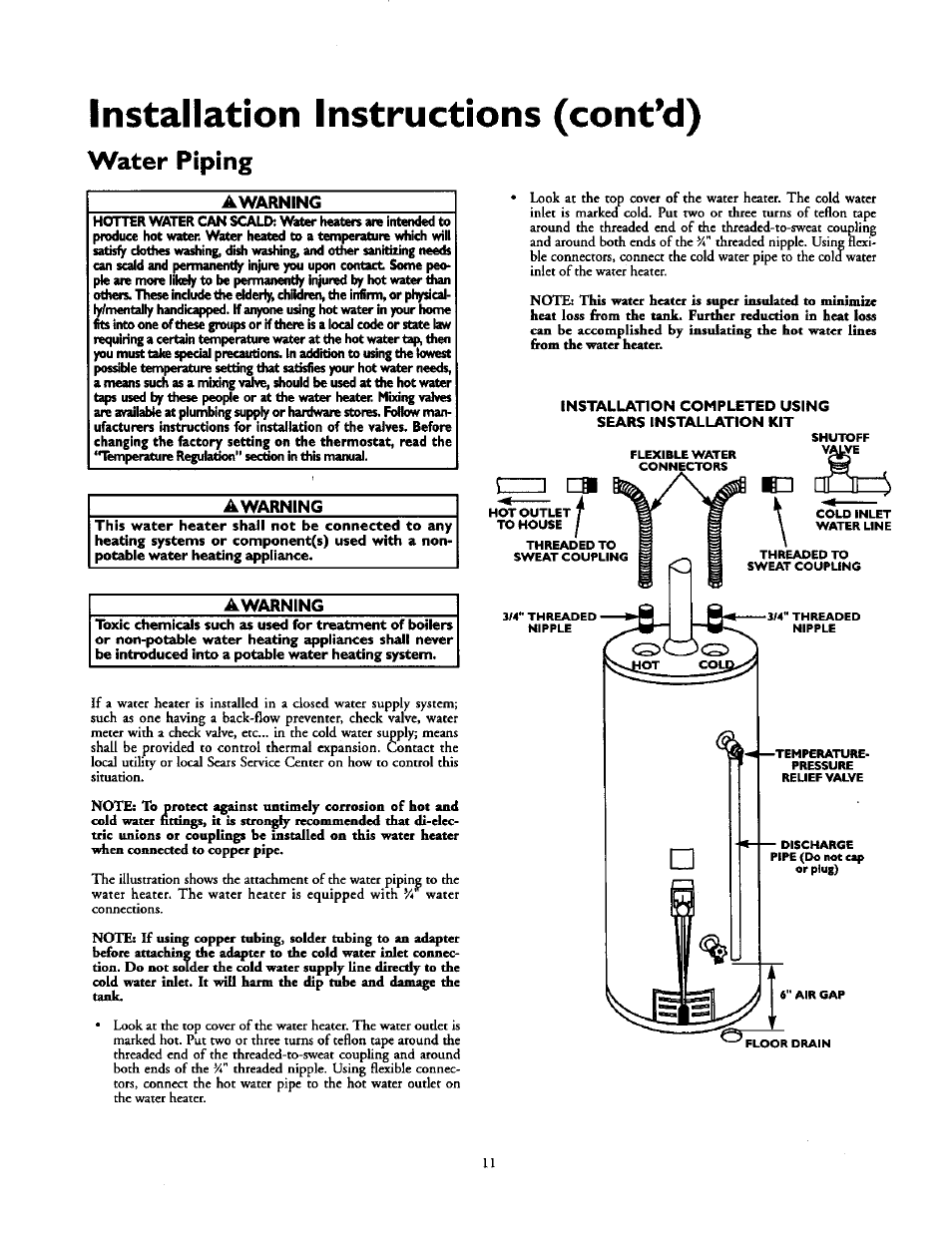 Installation instructions (cont’d), Water piping, Installation instructions | Sa 6 | Kenmore 153.33439 User Manual | Page 11 / 26