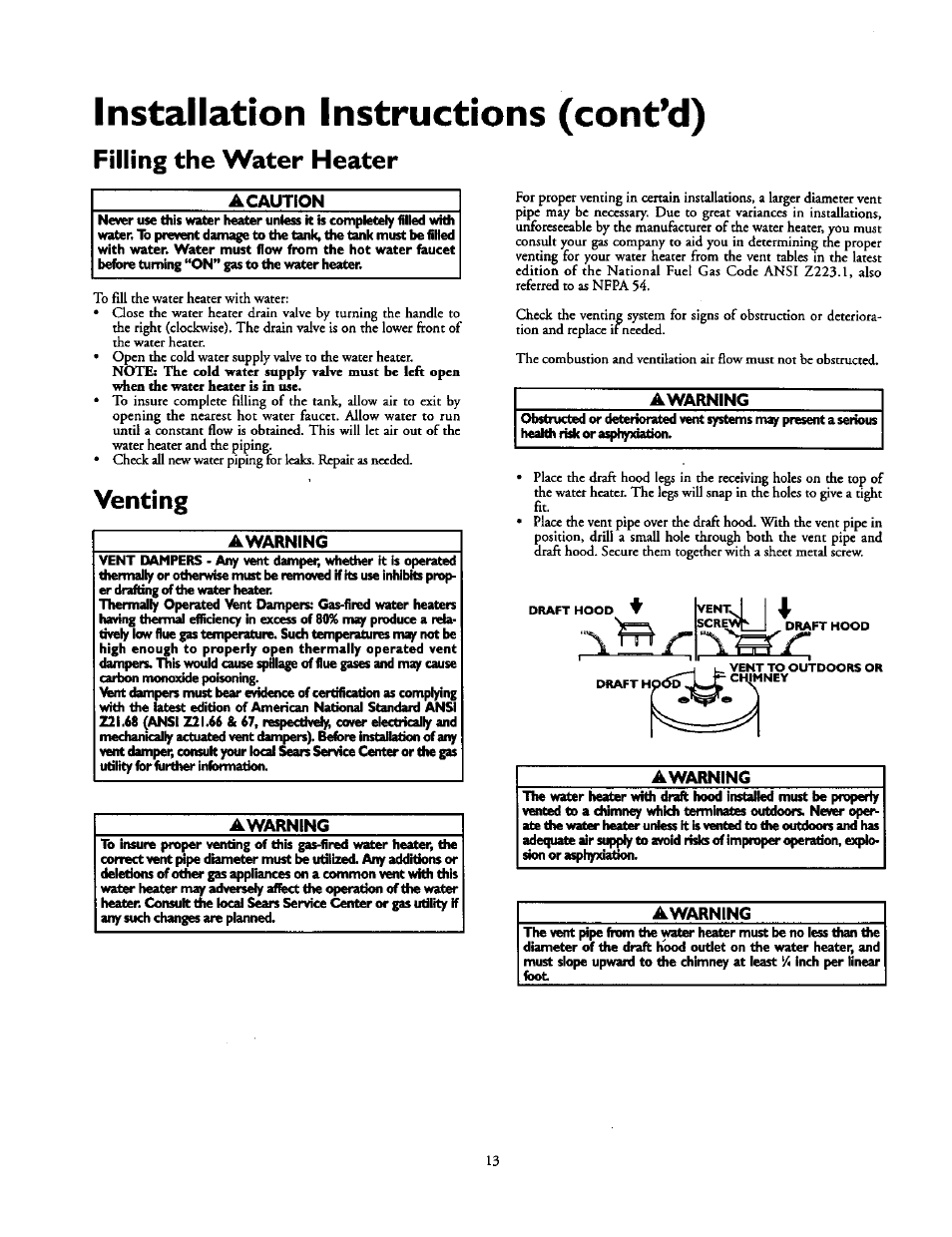 Installation instructions (cont’d), A caution, Awarning | Filling the water heater, Venting, Si i | Kenmore 153.33439 User Manual | Page 13 / 26