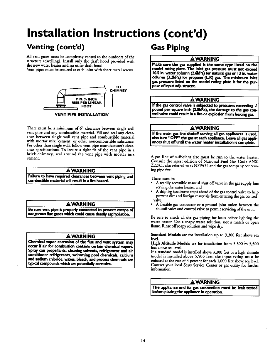 Installation instructions (cont’d), Venting (cont’d), Gas piping | Kenmore 153.33439 User Manual | Page 14 / 26