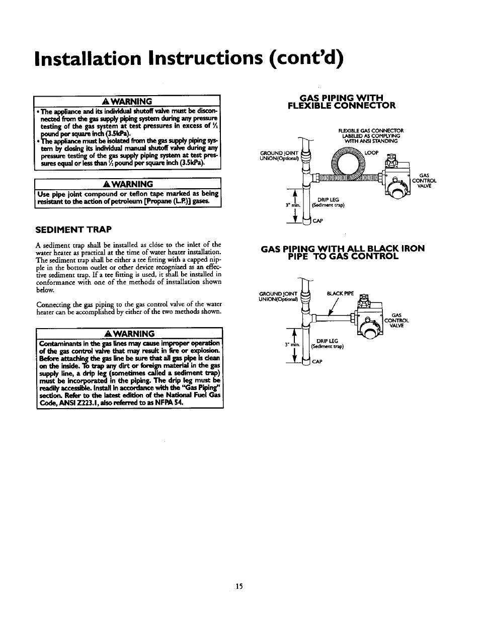 Sediment trap, Gas piping with flexible connector, Gas piping with all black iron pipe to gas control | Installation instructions (cont’d), Flexible gas connector gas i control valve, Gas ¡control valve | Kenmore 153.33439 User Manual | Page 15 / 26