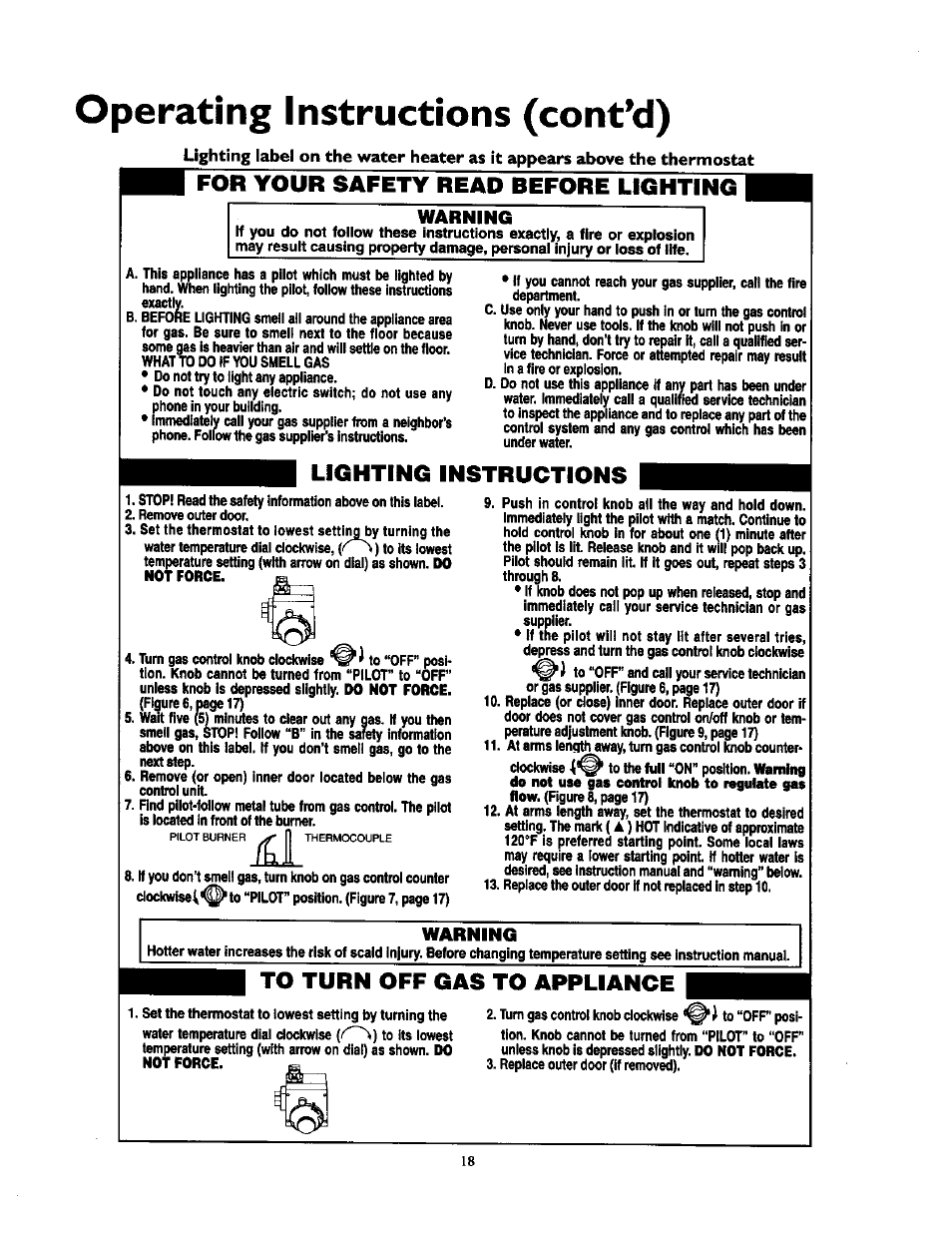 Operating instructions (cont’d), For your safety read before lighting, Lighting instructions | Warning, Do not force | Kenmore 153.33439 User Manual | Page 18 / 26