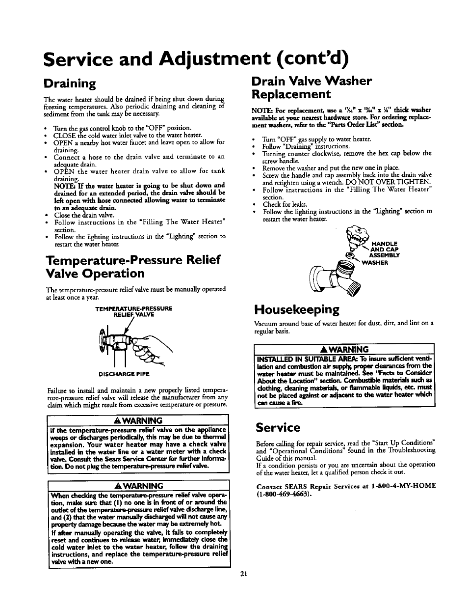 Awarning, Service and adjustment (cont’d), Draining | Temperature-pressure relief valve operation, Drain valve washer replacement, Service | Kenmore 153.33439 User Manual | Page 21 / 26