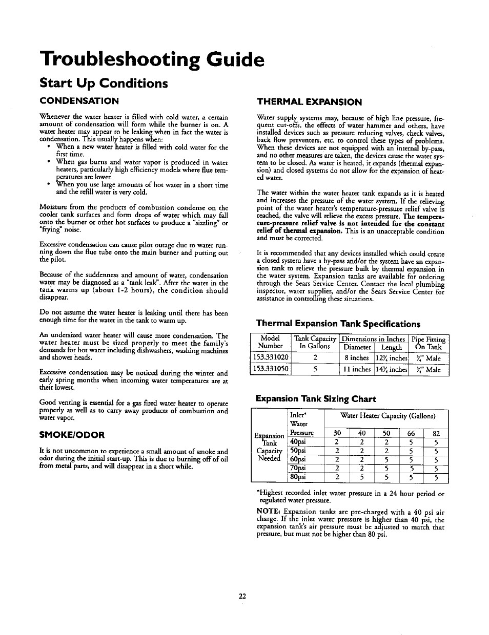 Smoke/odor, Thermal expansion, Thermal expansion tank specifications | Expansion tank sizing chart, Thermal expansion -23, Troubleshooting guide, Start up conditions | Kenmore 153.33439 User Manual | Page 22 / 26