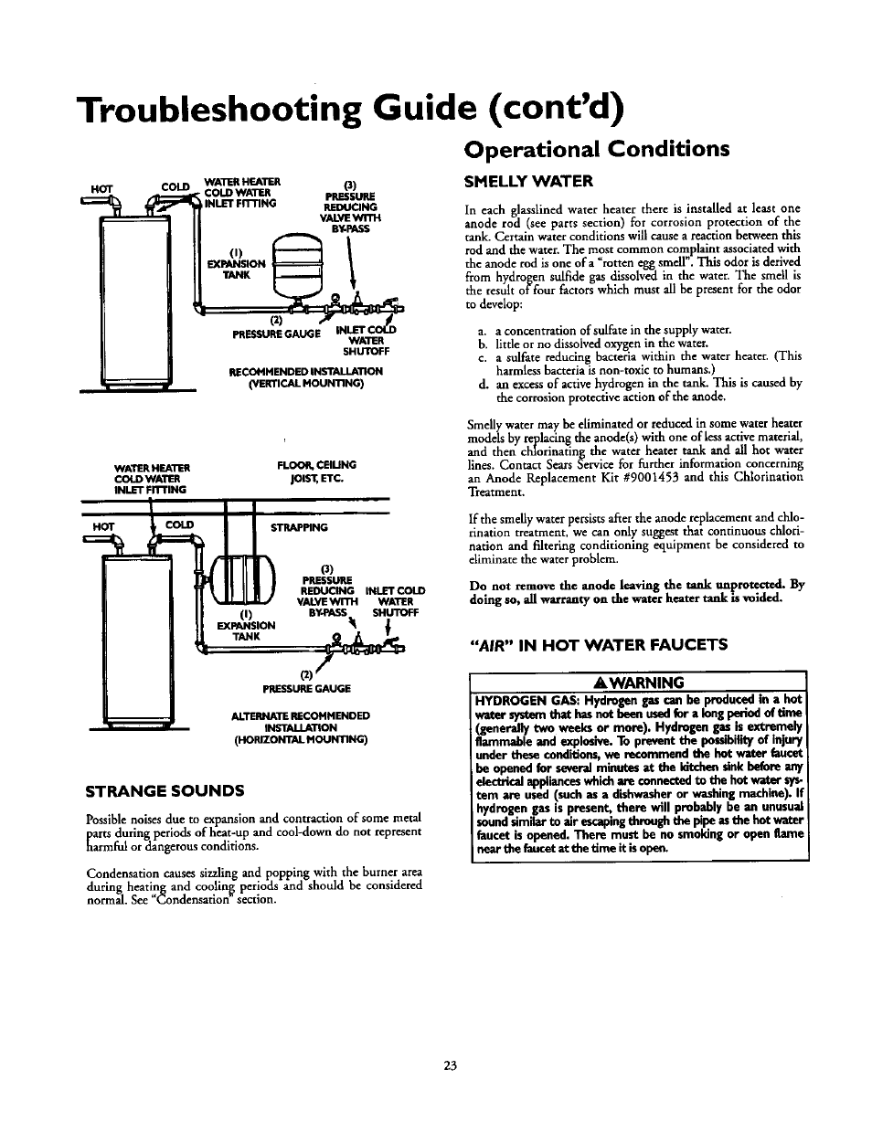 Troubleshooting guide (cont’d), Strange sounds, Smelly water | Am** in hot water faucets, Air in hot water faucets, Operational conditions | Kenmore 153.33439 User Manual | Page 23 / 26