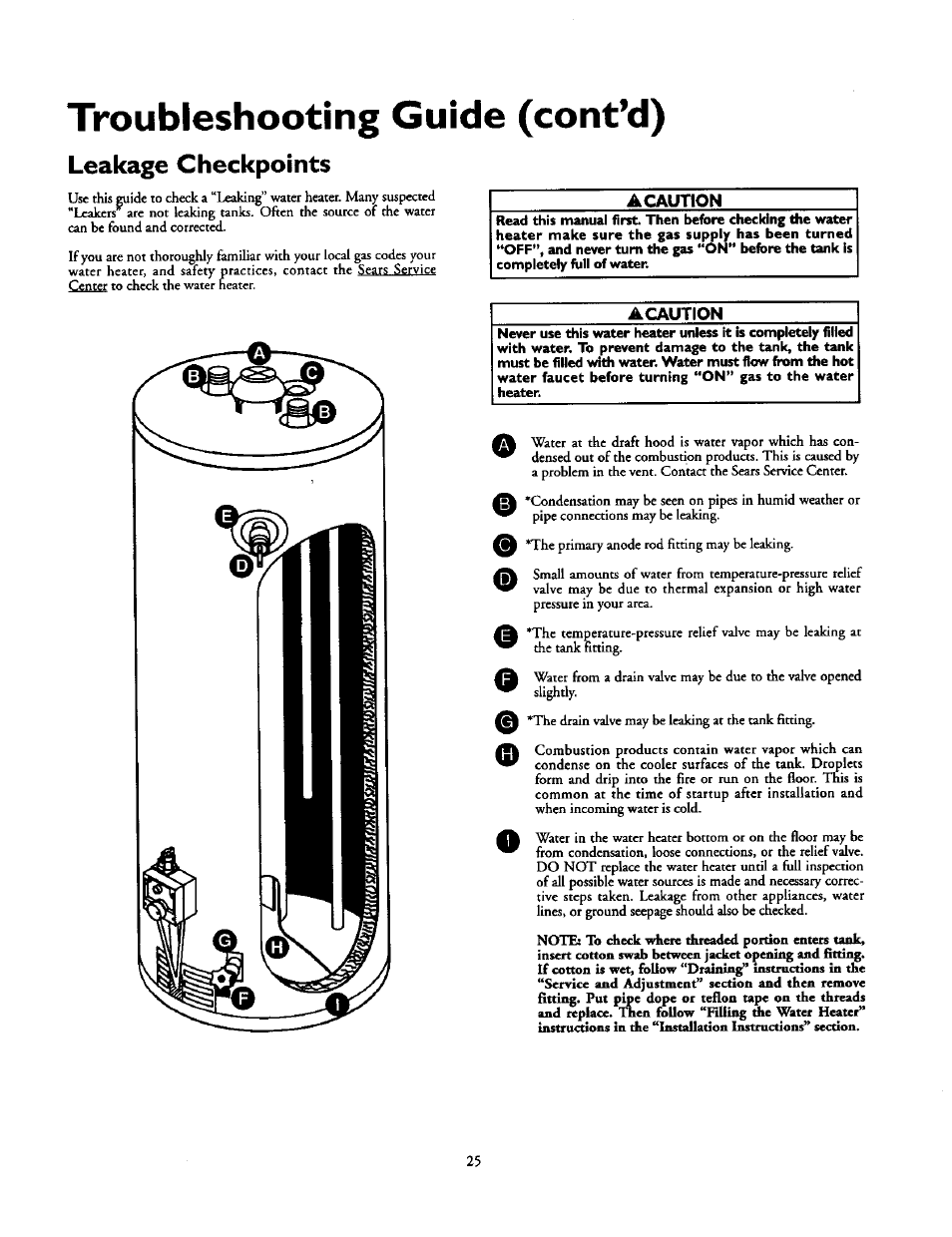 Acaution, Troubleshooting guide (cont’d), Leakage checkpoints | Kenmore 153.33439 User Manual | Page 25 / 26