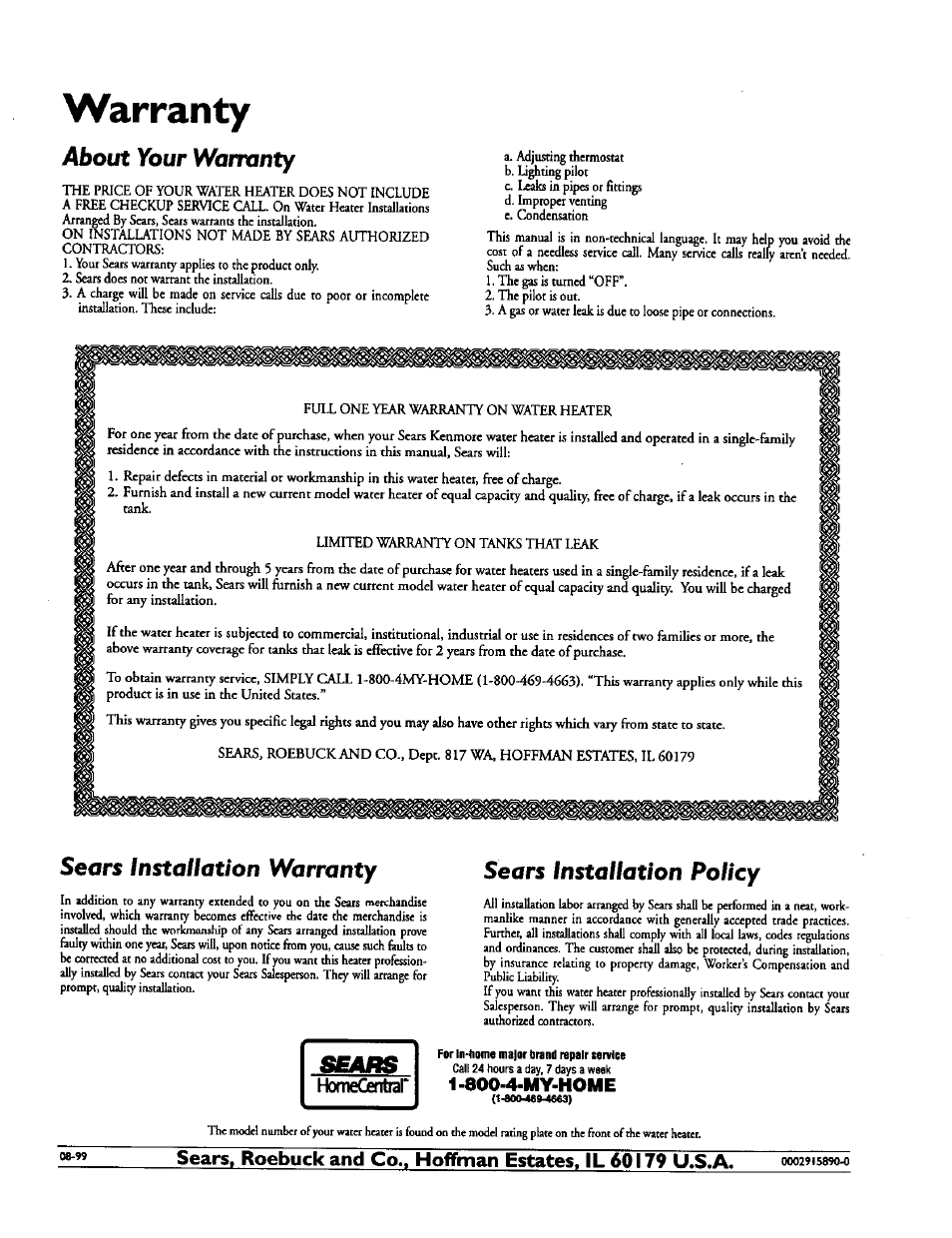 Warranty, About your warranty, Sears installation warranty | Sears installation policy | Kenmore 153.33439 User Manual | Page 26 / 26