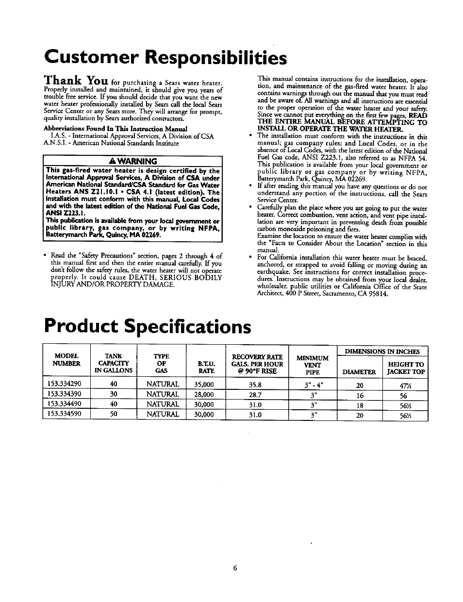 Customer responsibilities, Product specifications | Kenmore 153.33439 User Manual | Page 6 / 26