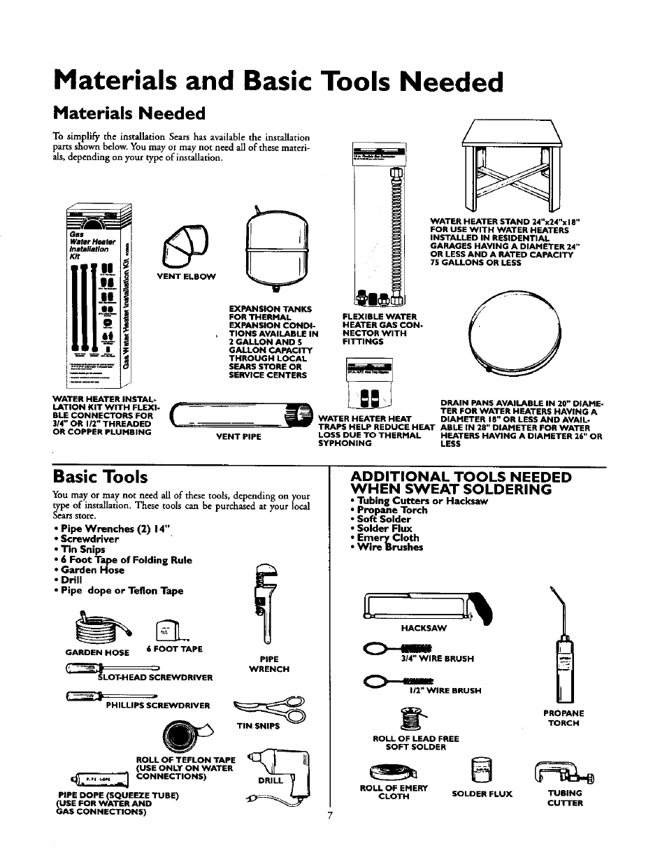 Materials and basic tools needed, Materials needed, Basic tools | Additional tools needed whlen sweat soldering | Kenmore 153.33439 User Manual | Page 7 / 26