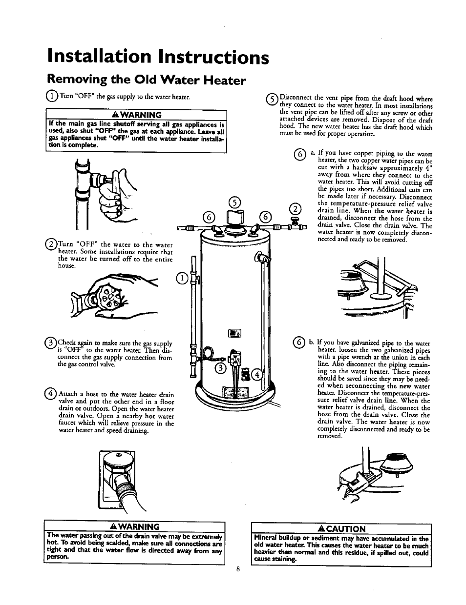 Removing the old water heater, Awarning, Filling the water heater | Installation instructions | Kenmore 153.33439 User Manual | Page 8 / 26