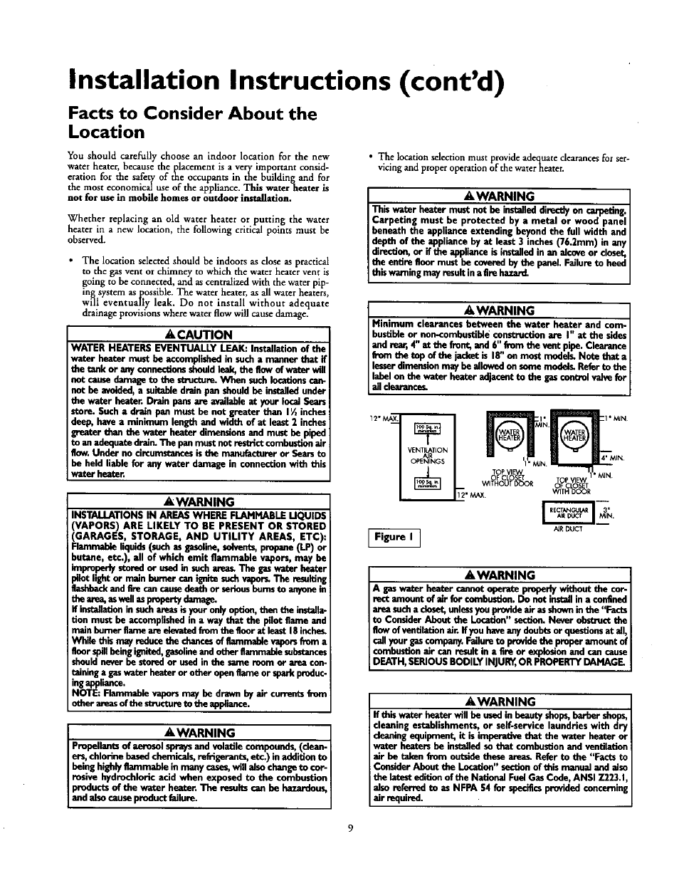 Facts to consider about the location, Caution, Warning | Installation instructions (cont’d) | Kenmore 153.33439 User Manual | Page 9 / 26