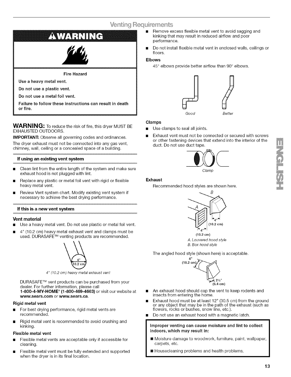 Ifenting reqoirements, If using an existing vent system, If this is a new vent system | Vent material, Venting requirements, Warning | Kenmore ELITE OASIS Steam 110.6808 User Manual | Page 13 / 60