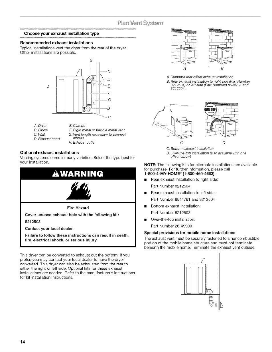 Plan ^rit system, Choose your exhaust installation type, Recommended exhaust installations | Optional exhaust installations, Plan vent system, Awarning | Kenmore ELITE OASIS Steam 110.6808 User Manual | Page 14 / 60