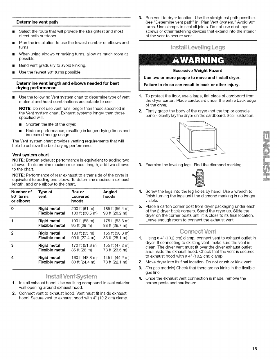 Determine vent path, Vent system chart, Connect vfe'iit | Connect vent, Warning, Istall i ii | Kenmore ELITE OASIS Steam 110.6808 User Manual | Page 15 / 60