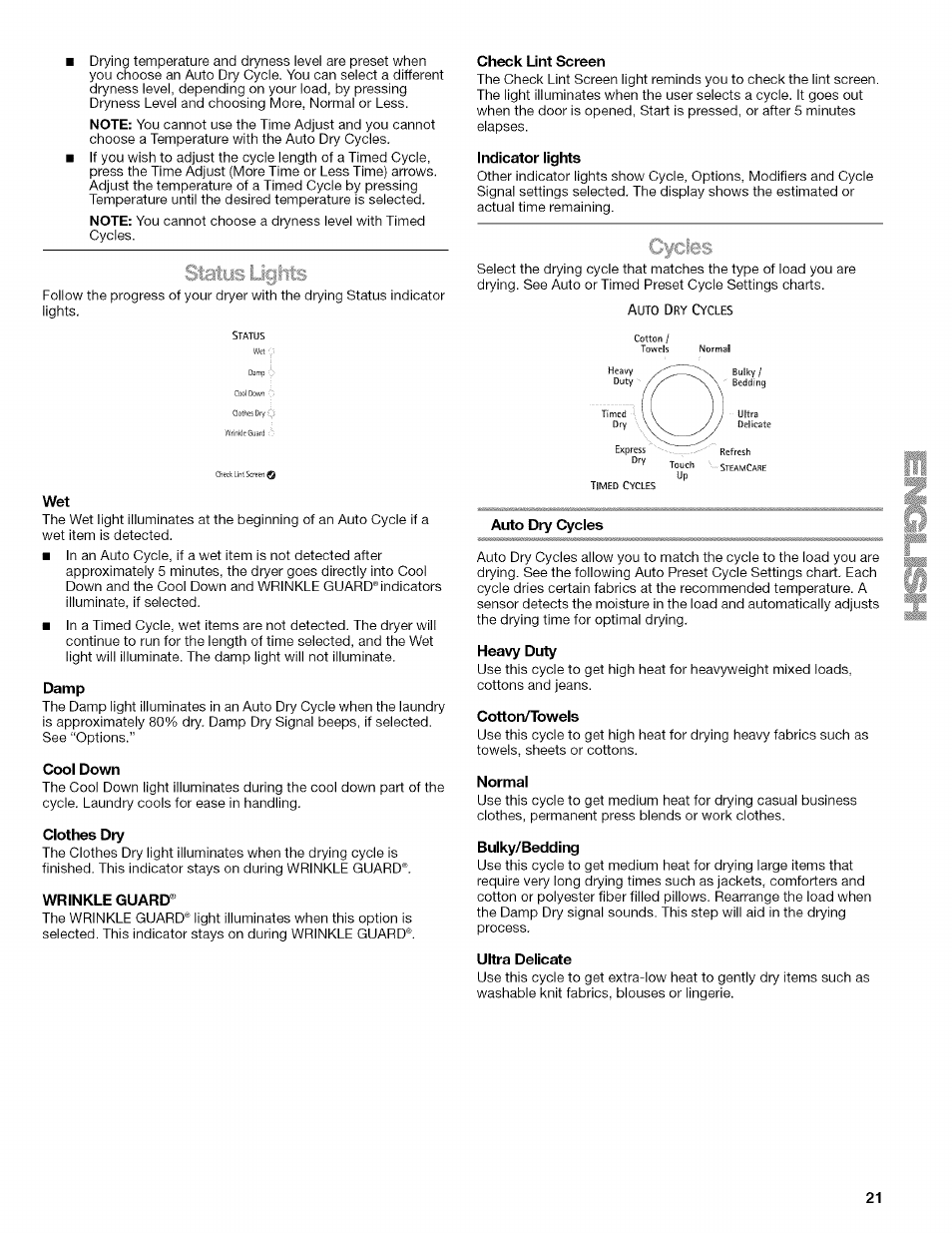 Damp, Cool down, Clothes dry | Wrinkle guard, Check lint screen, Indicator lights, Auto dry cycles, Heavy duty, Cotton/towels, Normal | Kenmore ELITE OASIS Steam 110.6808 User Manual | Page 21 / 60