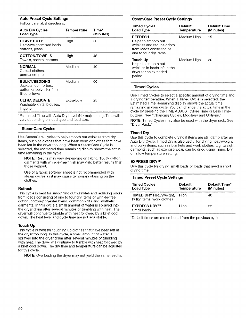 Auto preset cycle settings, Steamcare preset cycle settings, Steamcare cycles | Refresh, Touch up, Timed cycles, Timed dry, Express dry | Kenmore ELITE OASIS Steam 110.6808 User Manual | Page 22 / 60