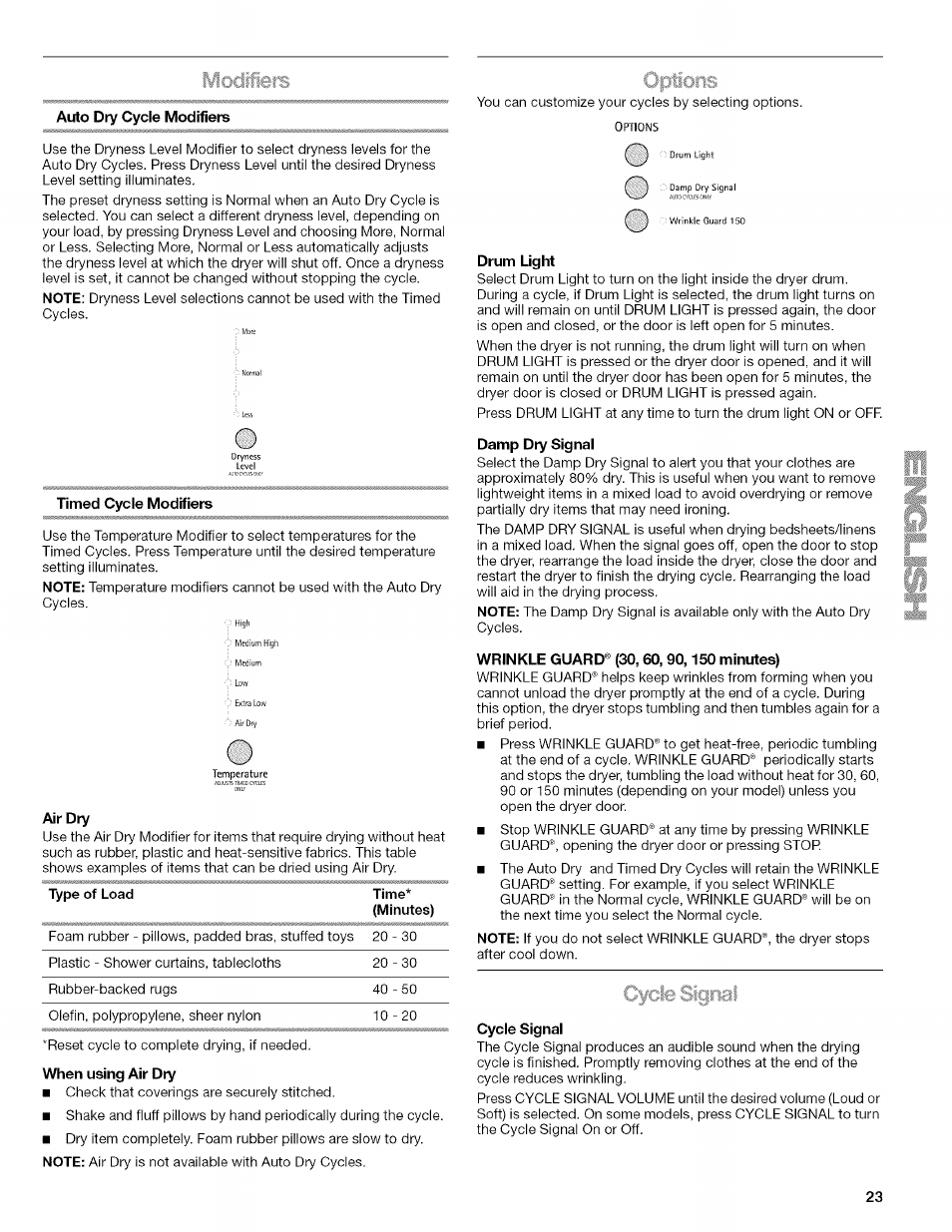 Auto dry cycle modifiers, Timed cycle modifiers, Air dry | Drum light, Damp dry signal, Wrinkle guard® {30,60, 90,minutes), Cycle signal, Tiai | Kenmore ELITE OASIS Steam 110.6808 User Manual | Page 23 / 60