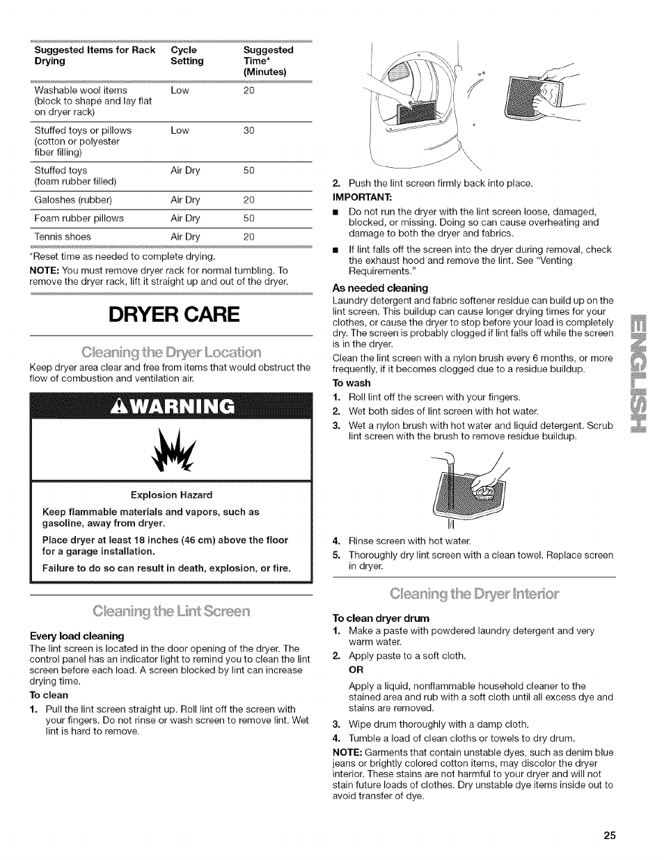 Every load cleaning, To clean dryer drum, Dryer care | Kenmore ELITE OASIS Steam 110.6808 User Manual | Page 25 / 60